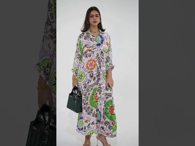 فستان ملمس قطني بالون الابيض و النقشات الدائرية طويل 2025