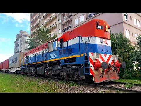 [4K] Colorido tren de contenedores de NCA con la EMD GR-12W 6624 pasando por Marcos Juárez!!!!!!