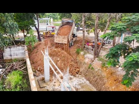 Start Opening New Project!! Bulldozer KOMAT'SU D20P pushing Soil into ​Foundation Deep& Trucks 5Ton.