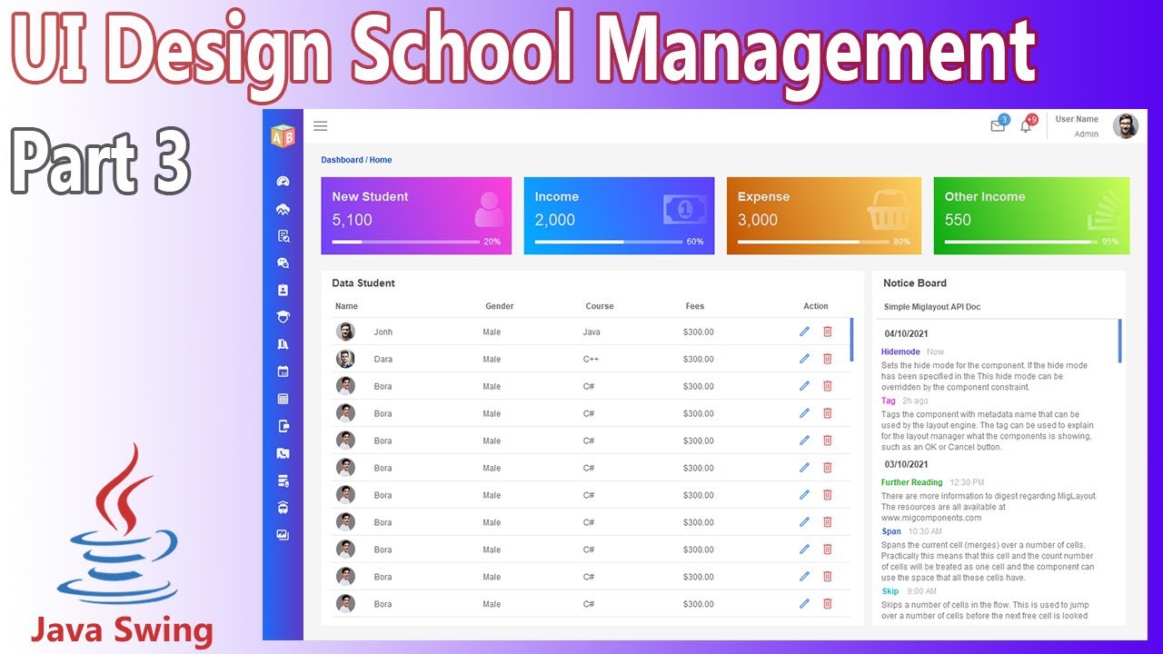 Java Swing UI Design - School Management Dashboard (Part 3)