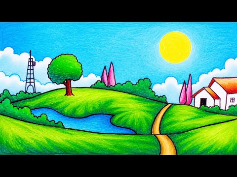Easy Nature Scenery Drawing | How to Draw Simple Scenery of Green Hills Village With Oil Pastel