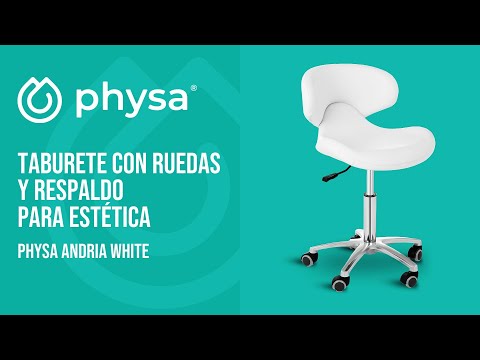 vídeo - Taburete con ruedas y respaldo para estética - 450- 590 mm - 150 kg - Blanco