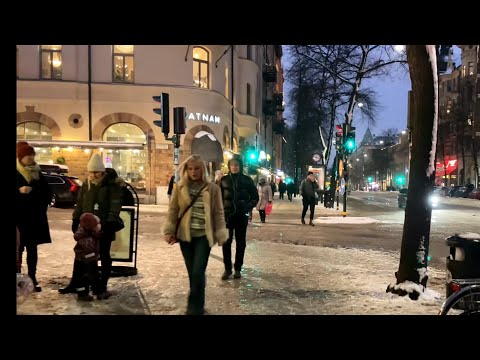 Stockholm Walks: Odengatan. Relaxing evening walk in snow.