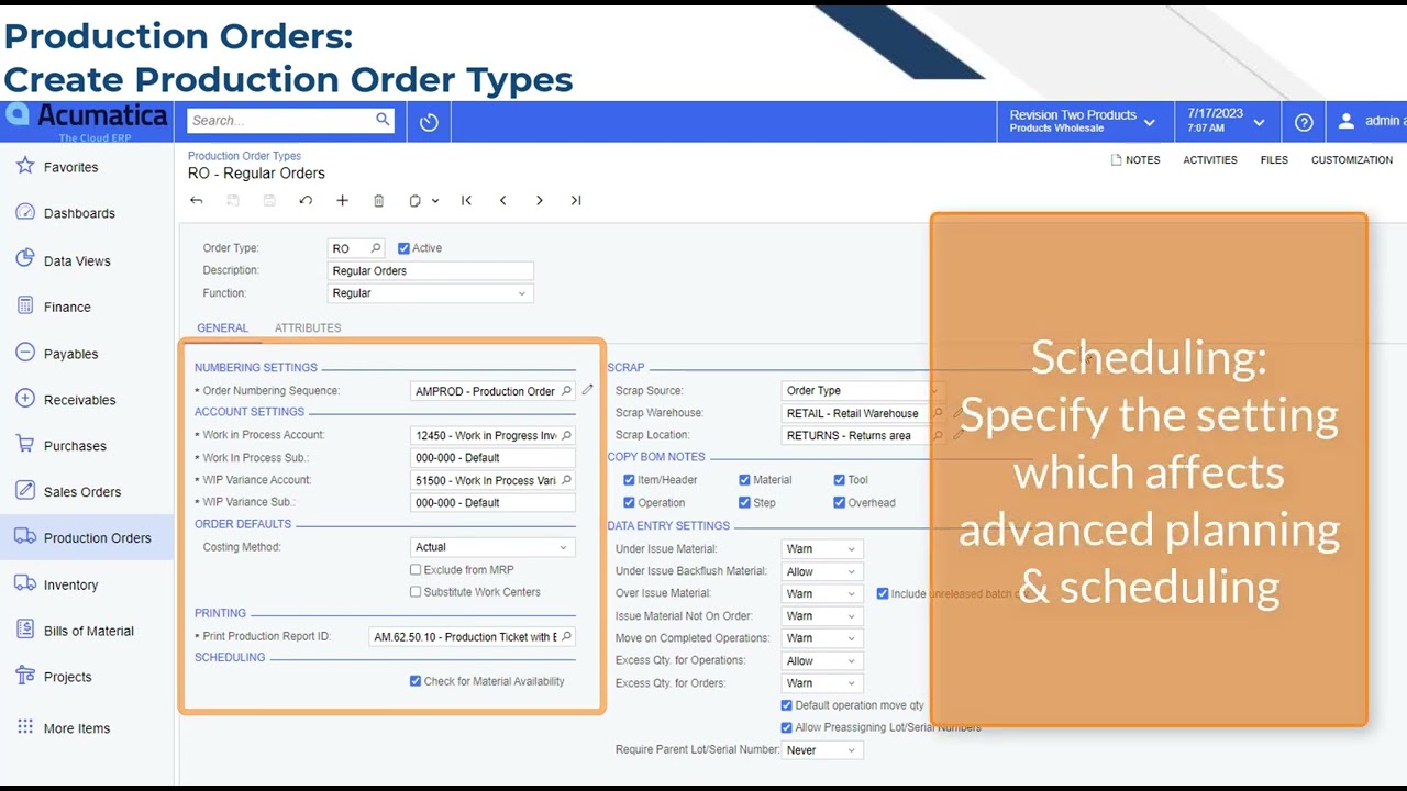 Acumatica Cloud ERP Tips 167: How to Make Production Orders - Order Types