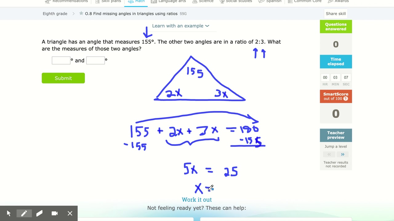 IXL | Find missing angles in triangles using ratios | 8th grade math