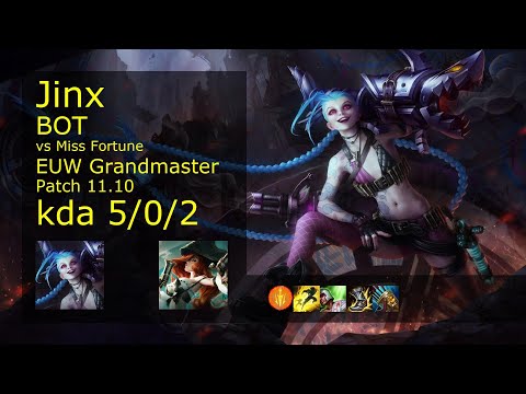 Jinx ADC vs Miss Fortune - EUW Grandmaster 5/0/2 Patch 11.10 Gameplay