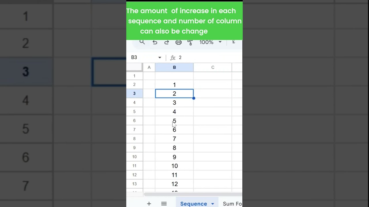 Create a sequential list of numbers using Sequence formula in Google sheets