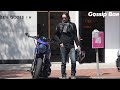 Keanu Reeves rides his ARCH motorcycle after lunch at San Vicente Bungalows in West Hollywood, CA