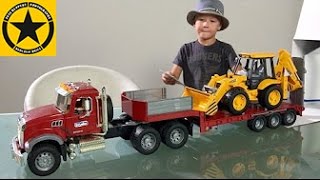 BRUDER TRUCKS for Kids MACK Granite with Backhoe JCB 4CX Mack Tractor Truck UNBOXING