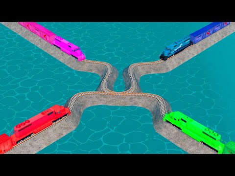 Quadruple Colorful Train Vs Cross Wave Impossible Weird Rail Track Crossing Deepwater | BeamNG.drive