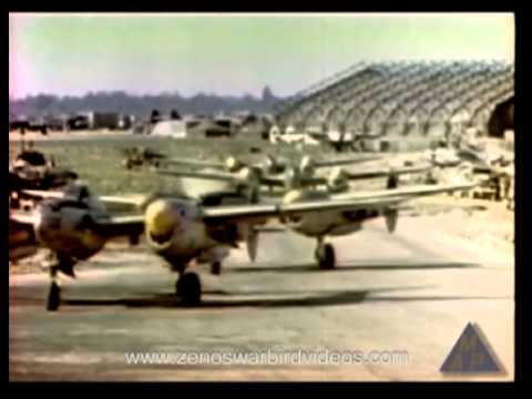 430th FS "Back Door Gang" P-38 Lightnings in action over Germany - Color, 1945