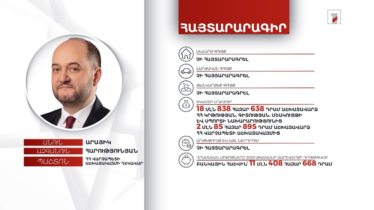 Արայիկ Հարությունյանն անշարժ և շարժական գույք չունի, հայտարարագրել է 11 մլն դրամ