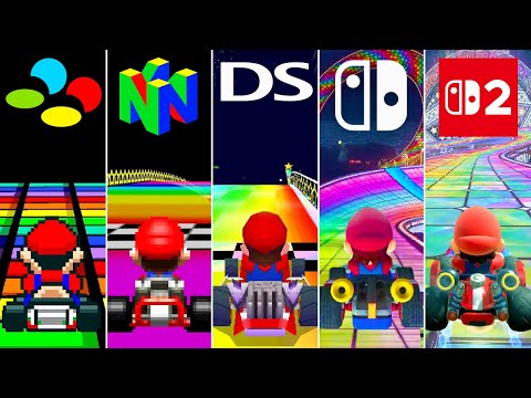 Evolution of Rainbow Road in Mario Kart (1992-2025)
