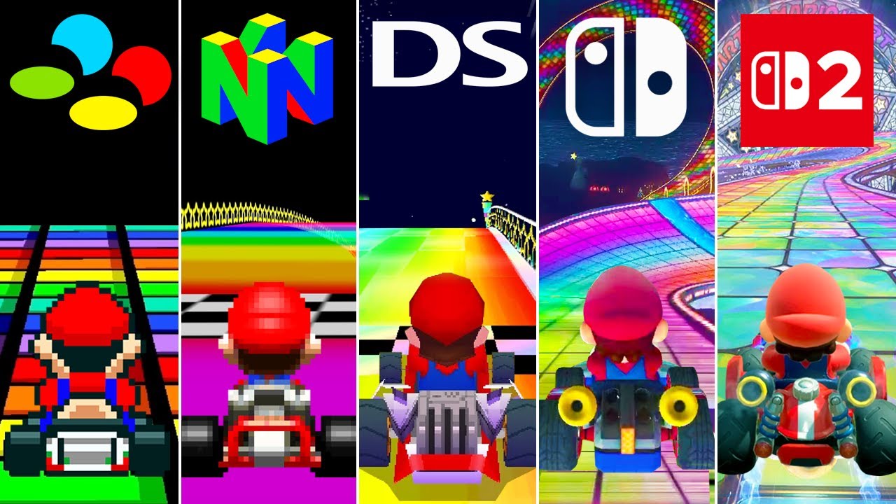 Evolution of Rainbow Road in Mario Kart (1992-2025)