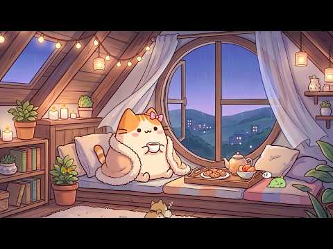 Mochi Cozy Attic Rain 🌧️ Warm Lofi Beats for Relaxing & Sleep ☕ Peaceful Night Ambience