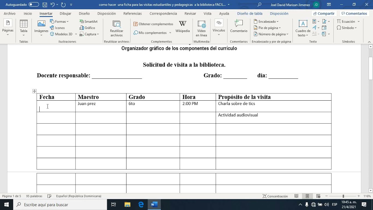 Cómo hacer una ficha para las visitas estudiantiles y pedagógicas a la biblioteca FACIL 2021