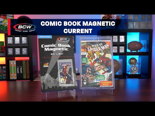 Vídeo relacionado con BCW Current Comic Book - Vitrina magnética de 2 piezas con protección UV con imanes dorados y soporte de pared con dientes de sierra, se adapta a cómics de la era moderna en bolsas y embarcados