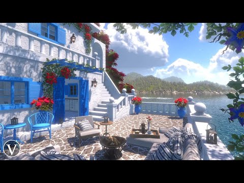 Greek Terrace | Day & Sunset Ambience | Ocean Waves & Nature Sounds