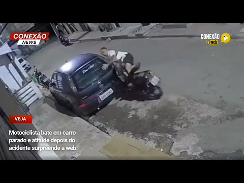 Vídeo: Motociclista bate em carro parado e atitude depois do acidente surpreende a web.