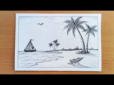 How to draw Sea Beach scenery with pencil sketch. Step by step(easy draw)