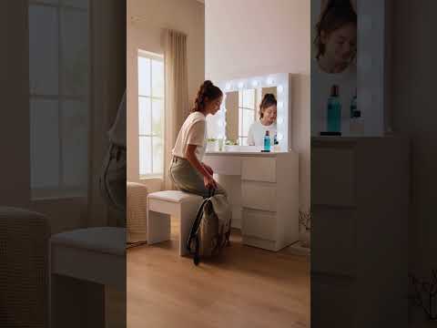 Aga Schminktisch mit Spiegel 12 LED Glühbirnen und gepolsterter Hocker Weiß matt