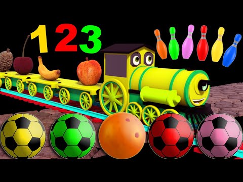 🚂 Bowling Ball Smashes Kinetic Sand Numbers, Shapes & Letters! 🍎🍇 Train Teaches Fruits A-Z 🌌