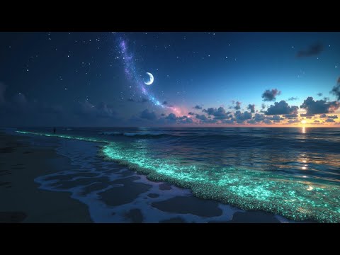 Bioluminescent Ocean Waves - Tranquil Beach ASMR - Deep Sleep Music