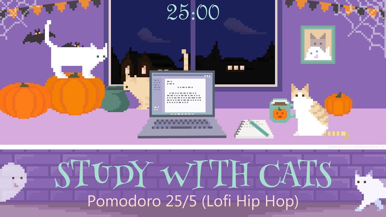 Study with Cats 🎃 Pomodoro Timer 25/5 x Animation | Meowsters vs Ghostie | Lofi Hip Hop 👻