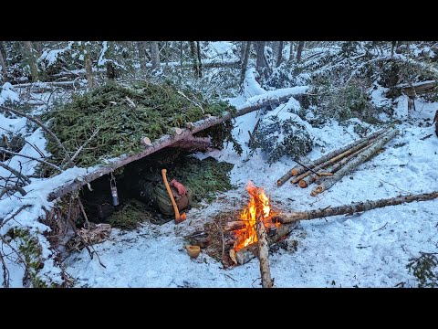 Survival Shelter - Winter Bushcraft Camping in Snow, Campfire Cooking, Post Snow Storm