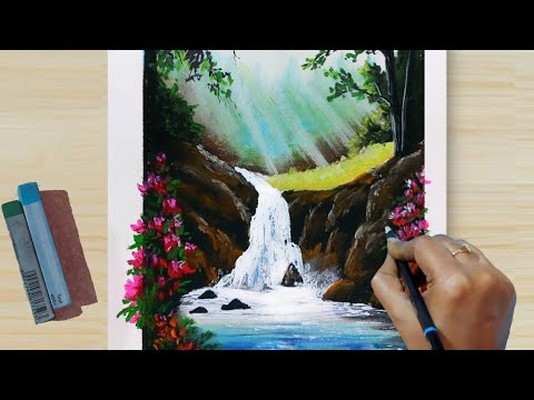 How to Draw Realistic Waterfall and Forest with PASTEL (step by step) beginners, Soft Pastel Drawing