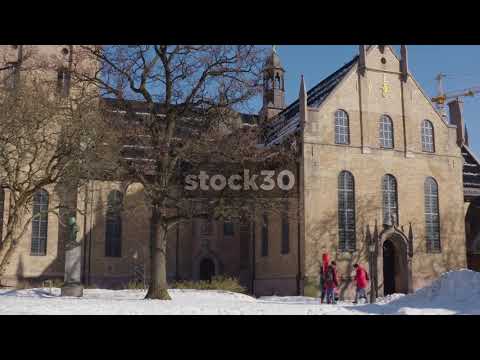 Olso Cathedral - Pan Down Followed By Close Up On Clock, Norway