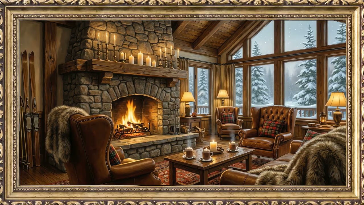 Animated Cozy Cabin Fireplace Gold Frame TV Art | 2 Hours 4K — 4K ambient art screensaver in baroque gold frame