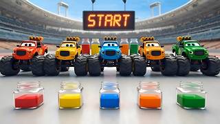 🚗 Monster Trucks Jump Into Paint Pools | Learn Colors with Funny Cars for Kids | Racing Adventure