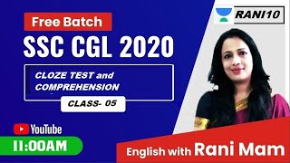 🔴 Live! 👉  SSC CGL 2020 | Class 5 | Cloze Test and Comprehension | English By Rani Ma'am