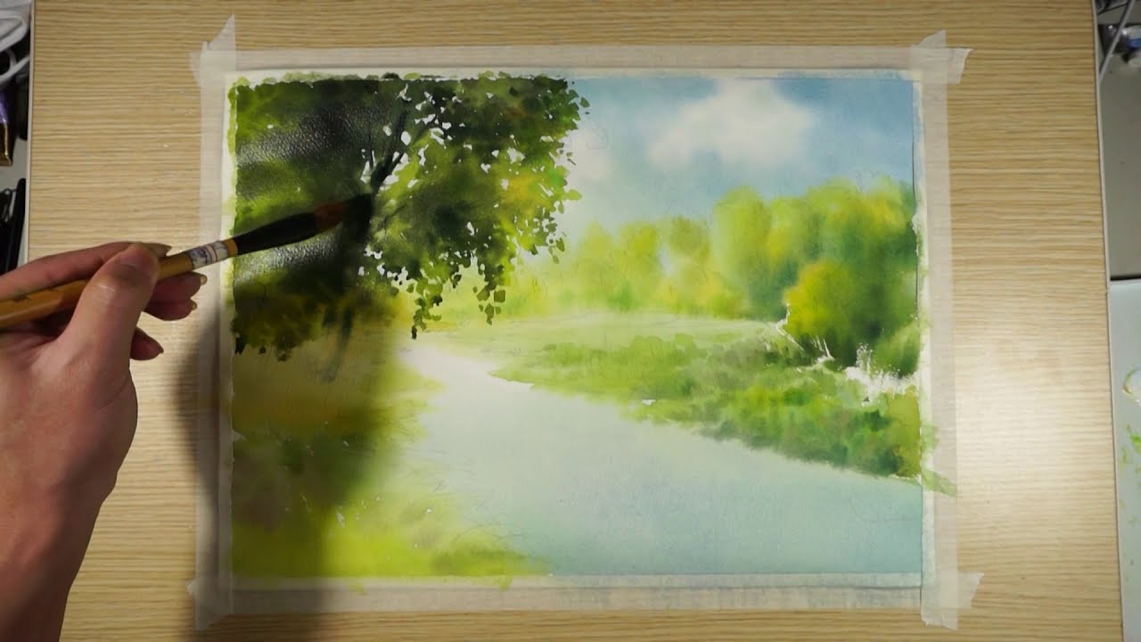 watercolor painting silent river by art painting workshop