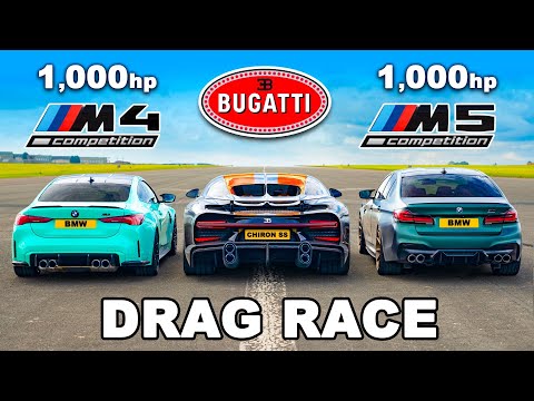 Insane Drag Race: Bugatti Chiron vs. Tuned BMW M5 vs. Tuned BMW M4x Drive