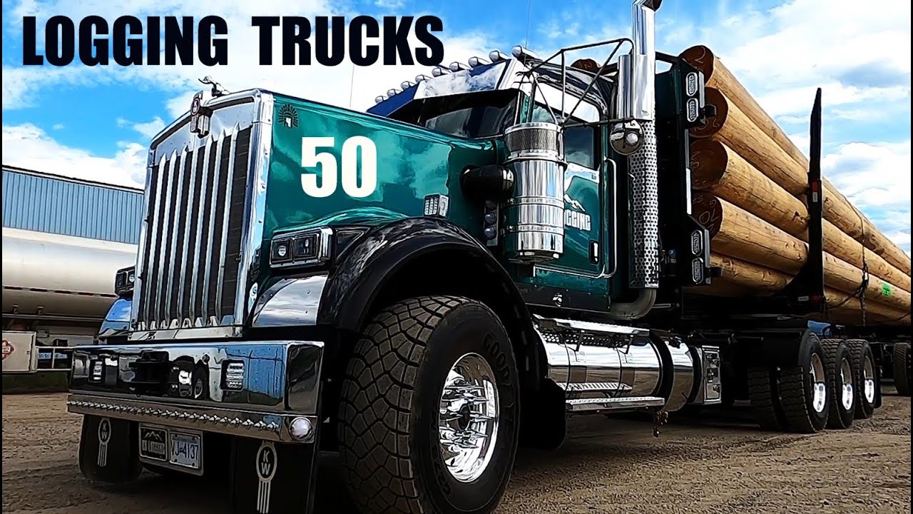 LOGGING TRUCKS #50 -- KENWORTH, PETERBILT, WESTERN STAR'S HAULING SHORT & LONG LOGS THROUGH THE CITY