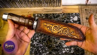 Making a Leather Sheath. Tooled leather Celtic Dragon Design.