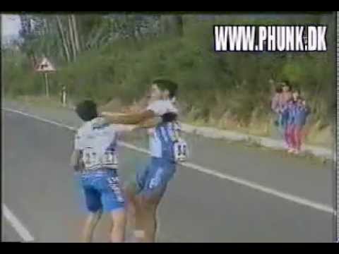 Two Cyclists Fight in Bike Race Vuelta Espana 1995 Cycle Race Fighting Leonardo Sierra Ramon Arrieta