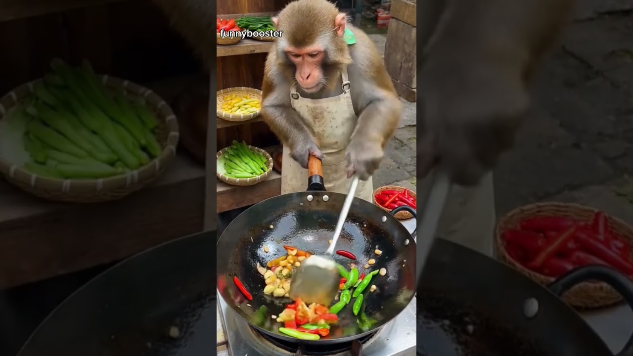 monkey cooking show. #viralvideo #funnyvideo #shortvideo #animals #monekydluffy #cooking
