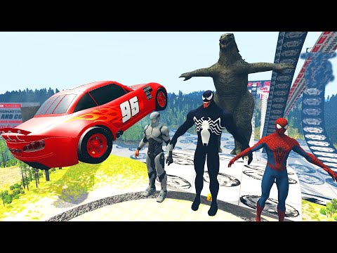 Crazy Car Jumps with Venom, Spider Man Godzilla & Robocop in BeamNG Drive Game