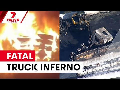 Driver killed in fiery M7 motorway truck crash | 7NEWS