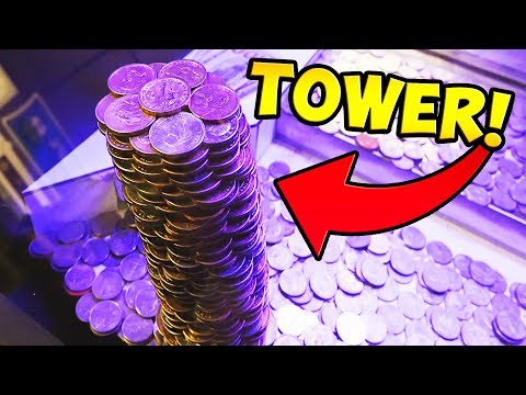 Coin Pusher || WINNING HUGE TOWER OF GOLD COINS!