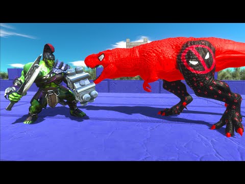HULK WARRIOR vs SPIDERMAN BRACHIOSAURUS vs DEADPOOL T-REX -  Animal Revolt Battle Simulator