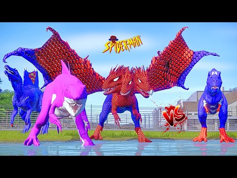 Winged Spiderman Indominus Rex vs Captain America Tyrannosaurus Rex Dinosaurs Fighting, Godzilla