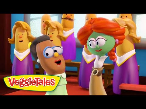 Two VeggieTales characters sing on a stage with a banana-chorus behind them; VeggieTales logo in the corner.