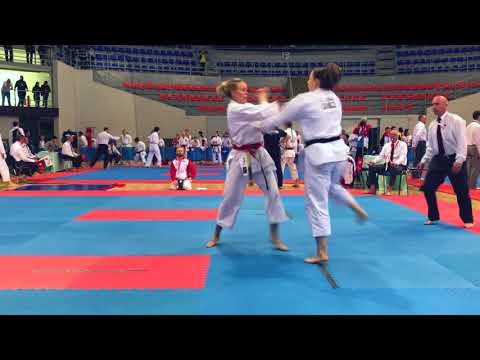 Jana Sersnova in action for England at the 2018 JKA European Championships