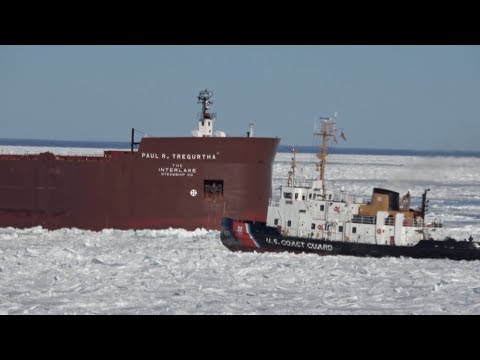 Freighters frozen on Lake Michigan, Ice Breaking and...