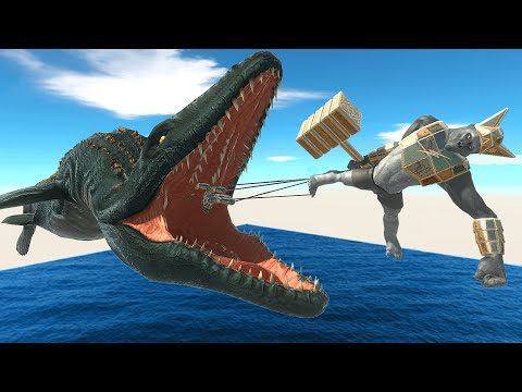 MOSASAURUS Eats Feeds With Harpoon Slow Motion (Mutant Primates) - Animal Revolt Battle Simulator