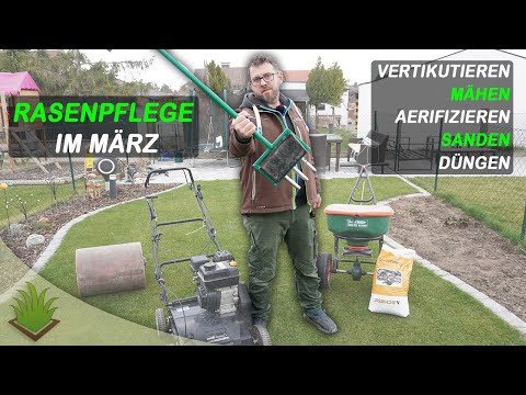 Rasenpflege im März: Vertikutieren, Mähen, Aerifizieren, Sanden, Düngen